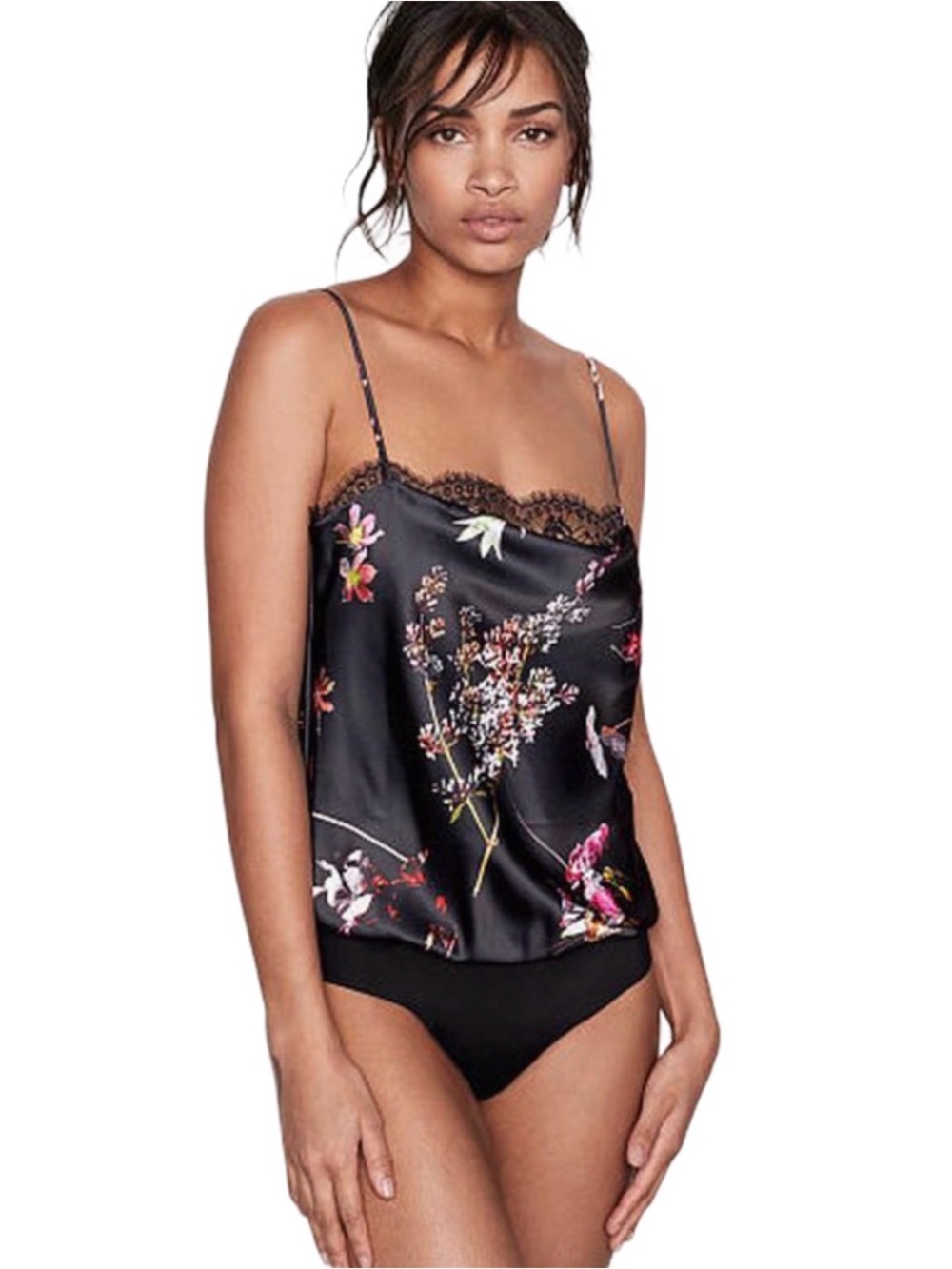 Victoria's Secret Black Floral Satin Lace-Trim Camisole Bodysuit - Size M